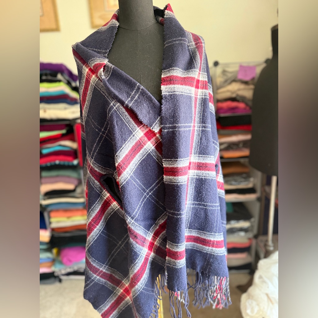 Wool Plaid Fringe Shawl Wrap, By Muji